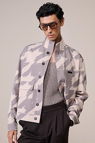 Khaki Rayon Suiting Blend Houndstooth Printed Layered Jacket by S&N by Shantnu Nikhil Men
