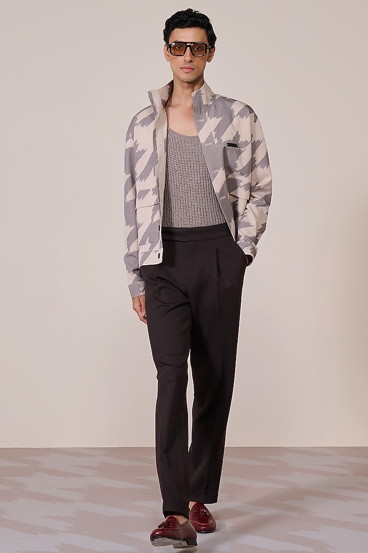 Khaki Rayon Suiting Blend Houndstooth Printed Layered Jacket by S&N by Shantnu Nikhil Men at Pernia's Pop Up Shop