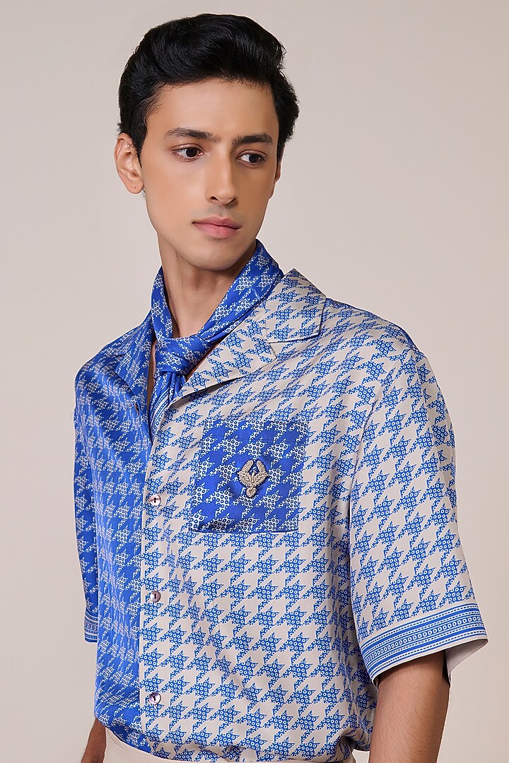 Racer Blue Silk Twill Houndstooth Printed Wedding Shirt by S&N by Shantnu Nikhil Men at Pernia's Pop Up Shop