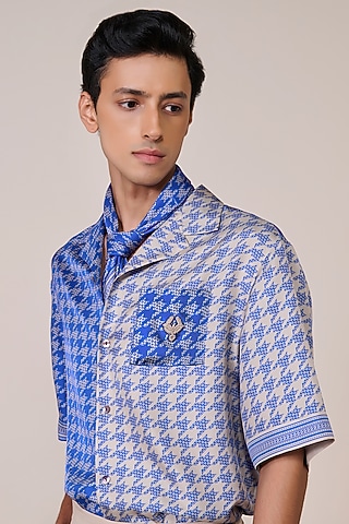 Racer Blue Silk Twill Houndstooth Printed Shirt by S&N by Shantnu Nikhil Men