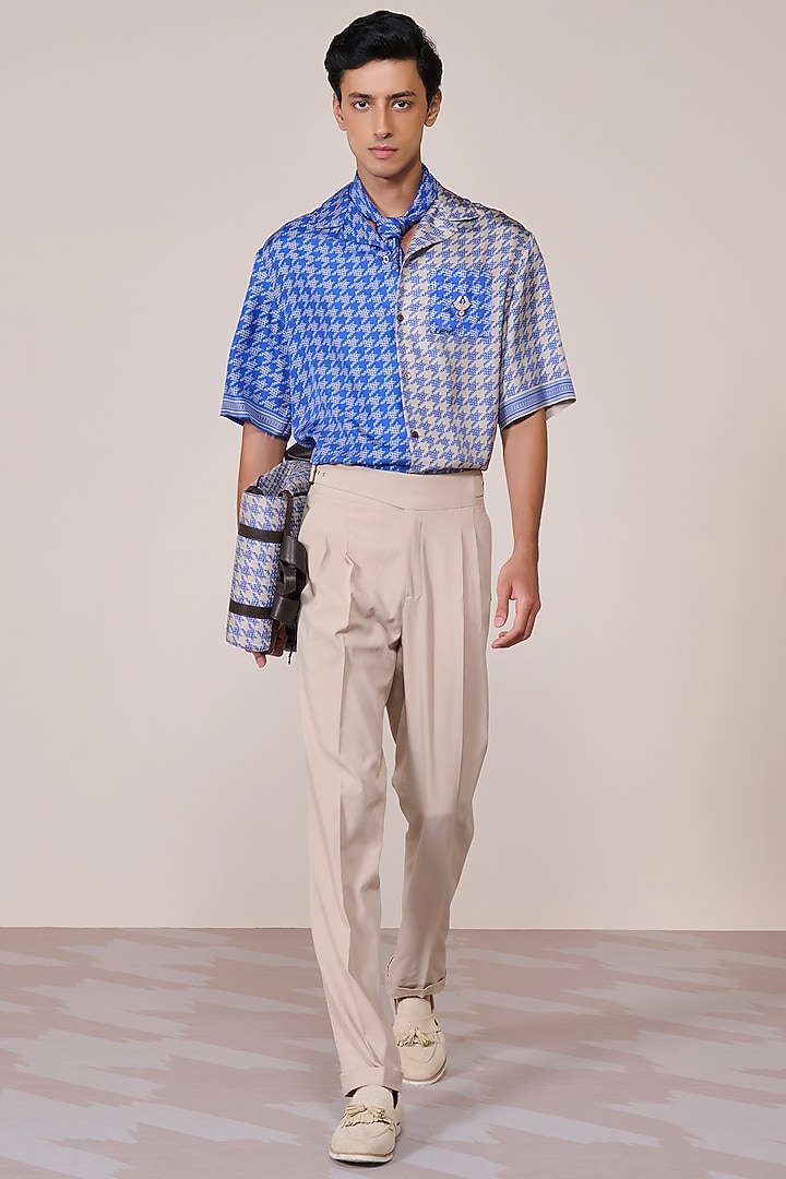 Racer Blue Silk Twill Houndstooth Printed Wedding Shirt by S&N by Shantnu Nikhil Men at Pernia's Pop Up Shop