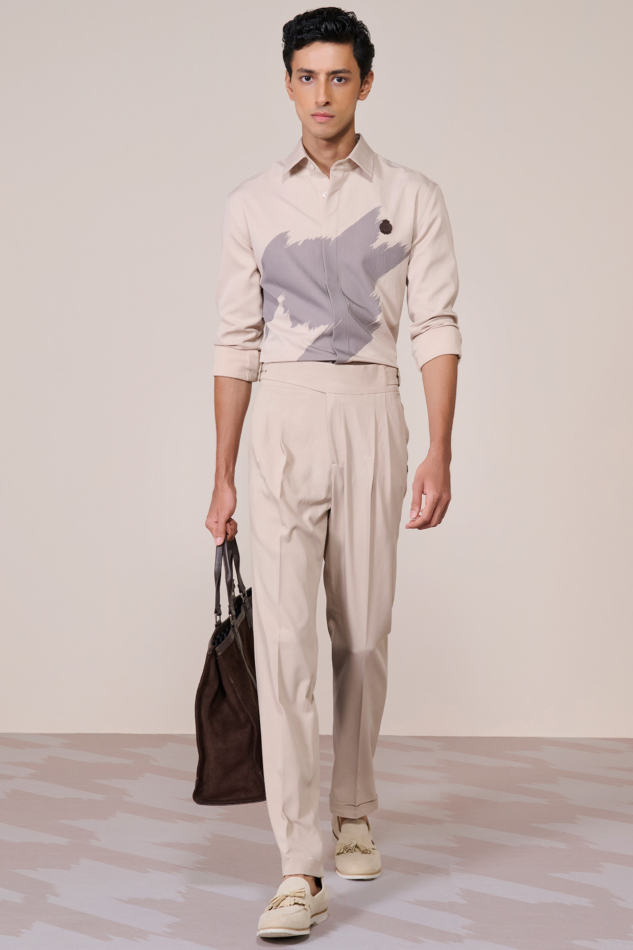 Khaki Rayon Suiting Blend Houndstooth Printed Shirt by S&N by Shantnu Nikhil Men