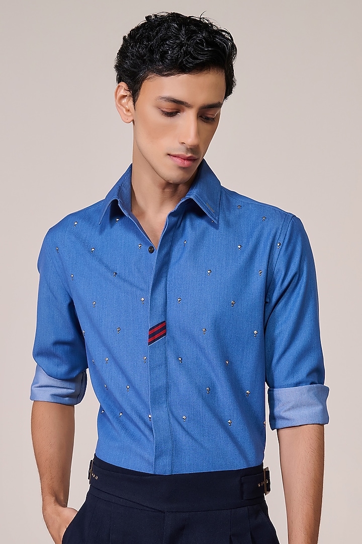 Dark Denim Viscose Spandex Suiting Blend Wedding Shirt by S&N by Shantnu Nikhil Men at Pernia's Pop Up Shop