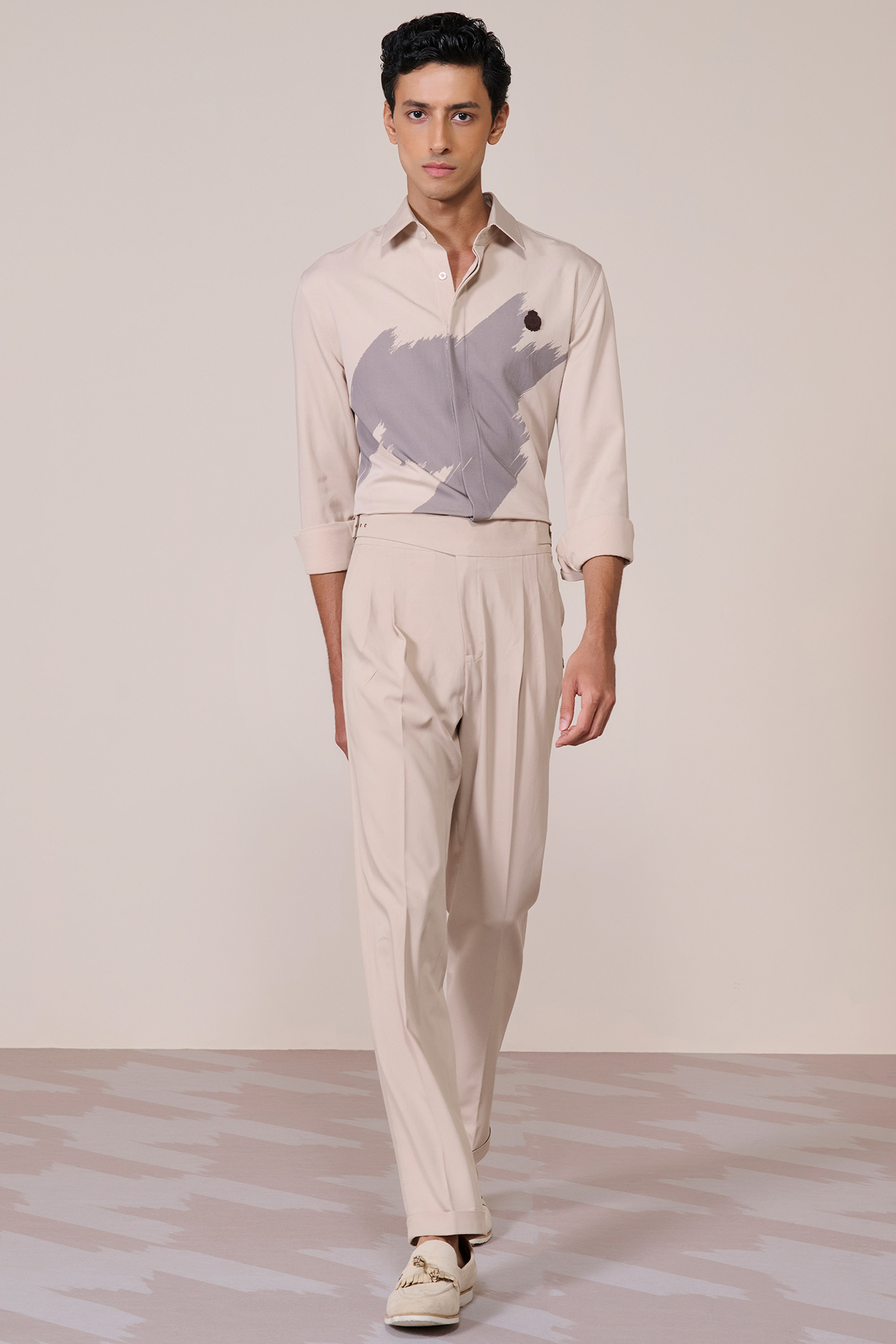 Ecru Linen Blend High-Waisted Trousers by S&N by Shantnu Nikhil Men
