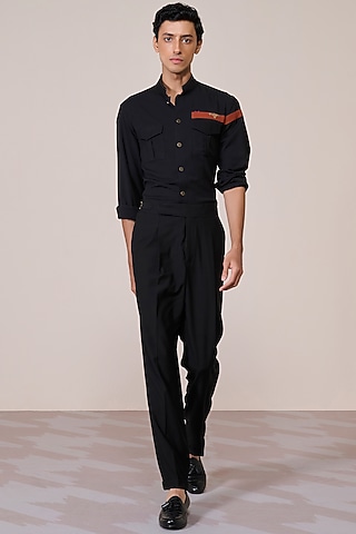 Black Brushed Suiting Blend Color-Blocked Shirt by S&N by Shantnu Nikhil Men