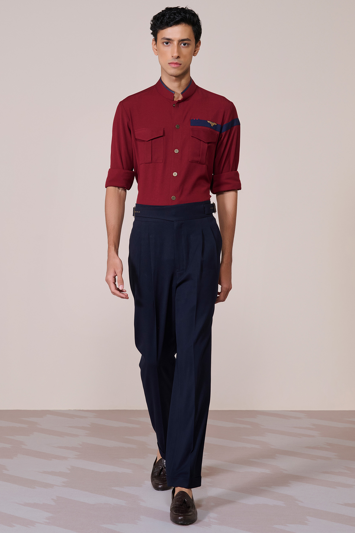 Cherry Red Brushed Suiting Blend Color-Blocked Shirt by S&N by Shantnu Nikhil Men