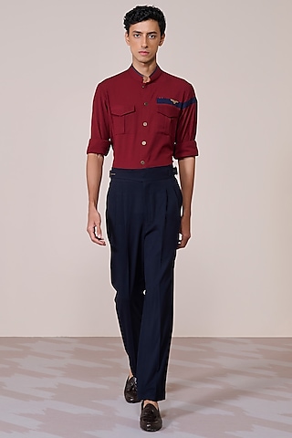 Cherry Red Brushed Suiting Blend Color-Blocked Shirt by S&N by Shantnu Nikhil Men