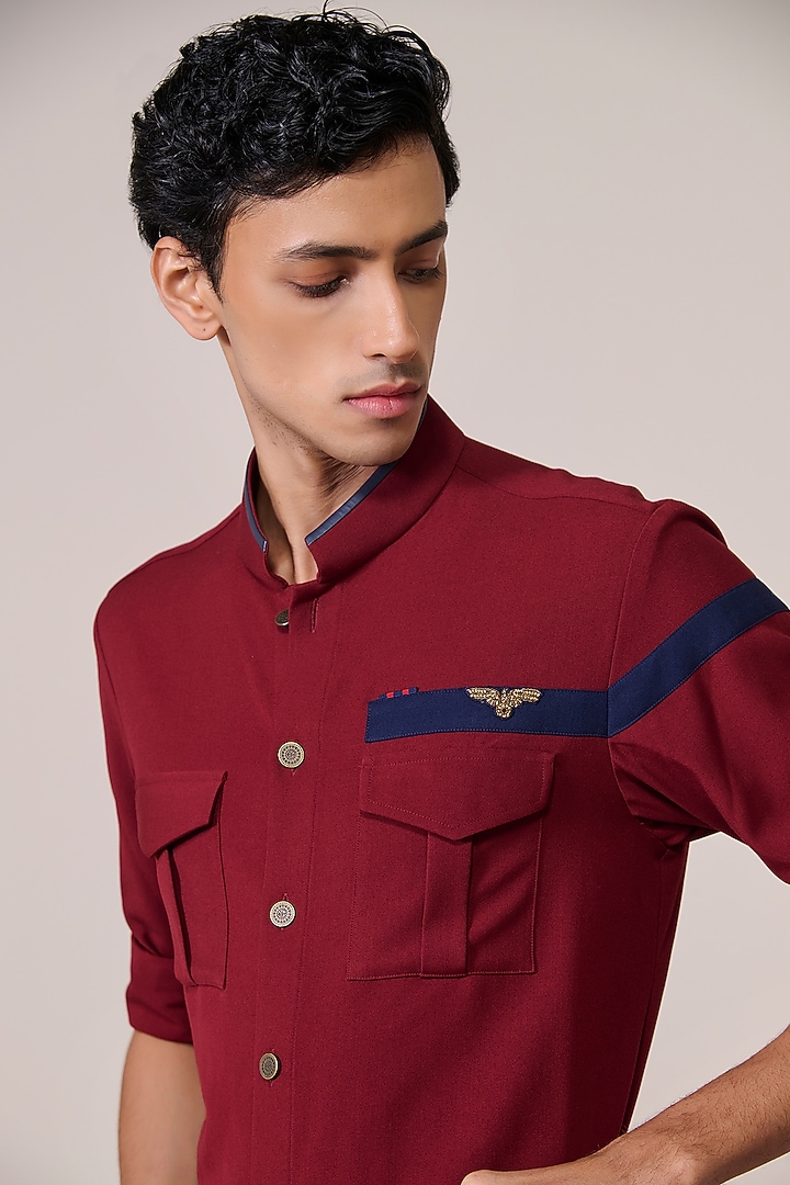 Cherry Red Brushed Suiting Blend Color-Blocked Wedding Shirt by S&N by Shantnu Nikhil Men at Pernia's Pop Up Shop