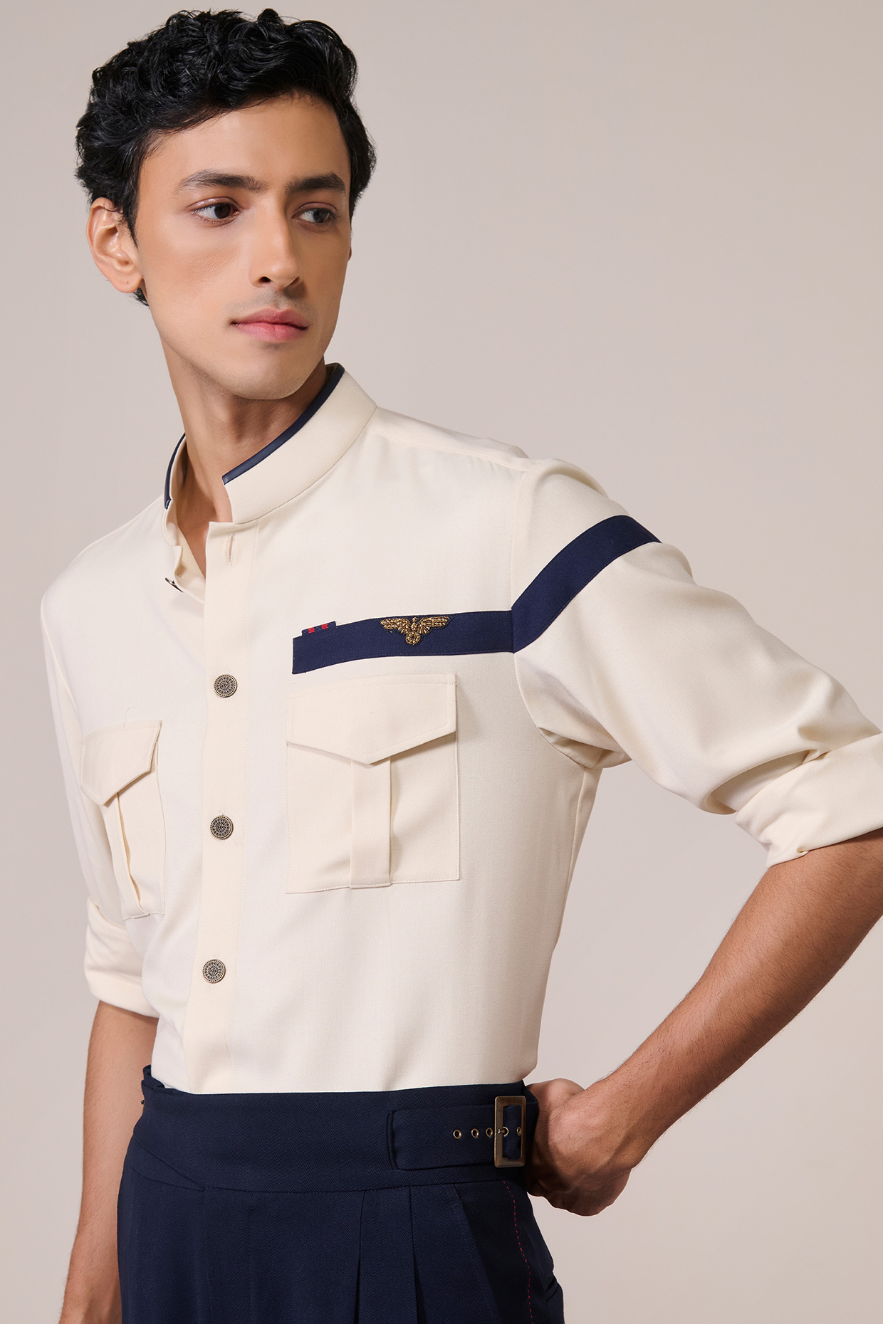White Brushed Suiting Blend Color-Blocked Shirt by S&N by Shantnu Nikhil Men