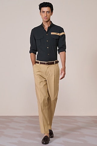 Emerald Green Rayon Suiting Blend Color-Blocked Shirt by S&N by Shantnu Nikhil Men