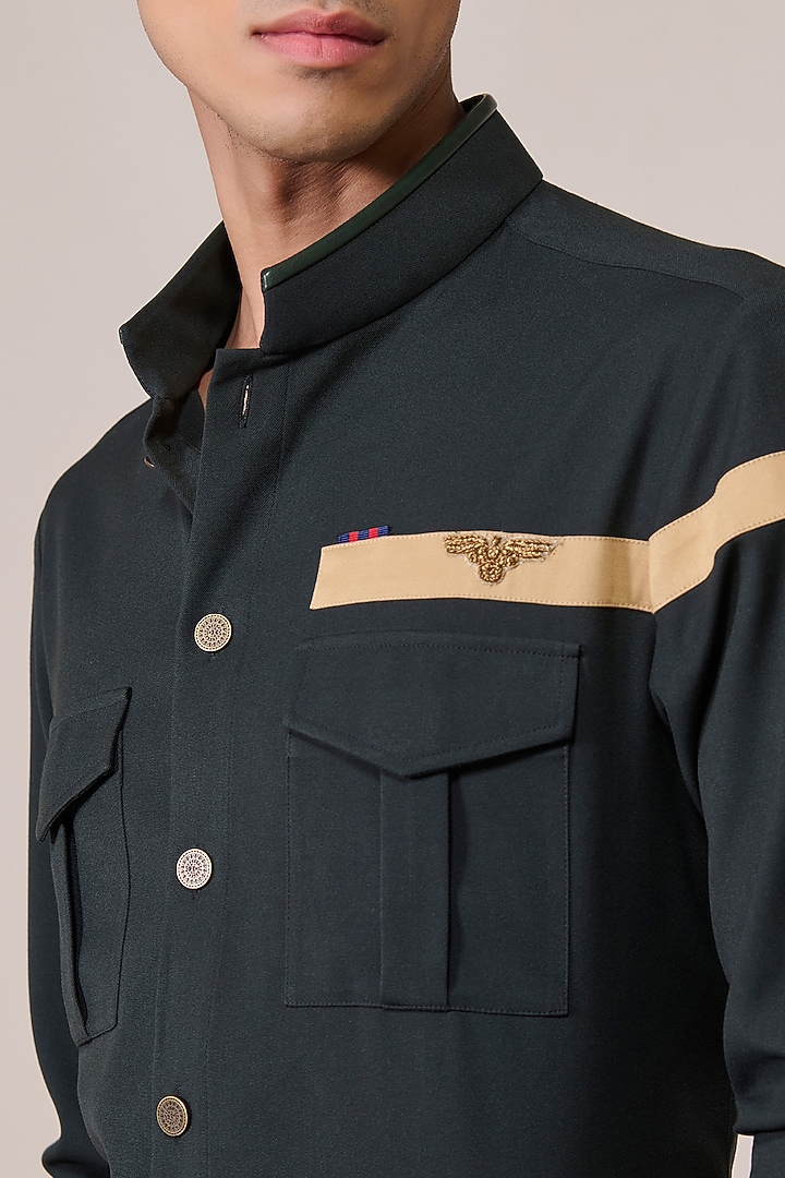 Emerald Green Rayon Suiting Blend Color-Blocked Wedding Shirt by S&N by Shantnu Nikhil Men at Pernia's Pop Up Shop