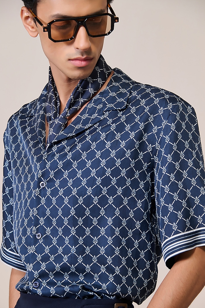 Navy Blue Silk Twill Adamas Printed Shirt by S&N by Shantnu Nikhil Men