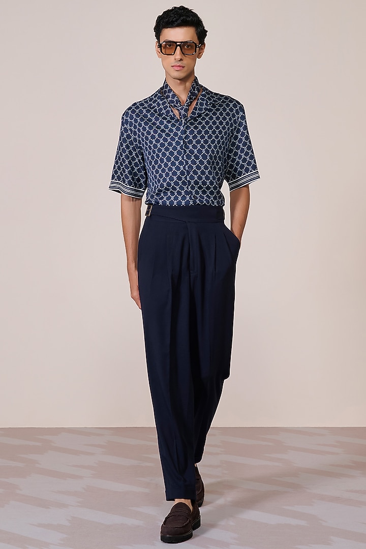 Navy Blue Silk Twill Adamas Printed Wedding Shirt by S&N by Shantnu Nikhil Men at Pernia's Pop Up Shop