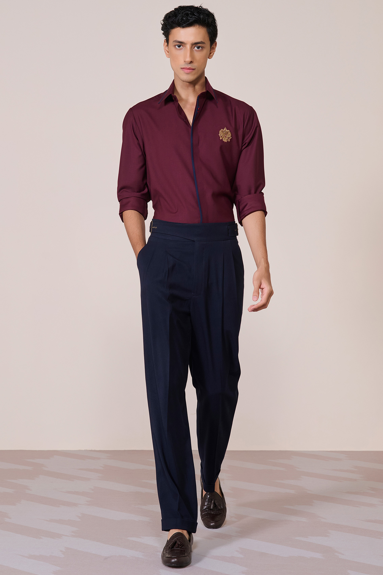 Cherry Brushed Suiting Blend Crest Embroidered Shirt by S&N by Shantnu Nikhil Men
