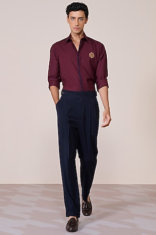 Cherry Brushed Suiting Blend Crest Embroidered Shirt by S&N by Shantnu Nikhil Men