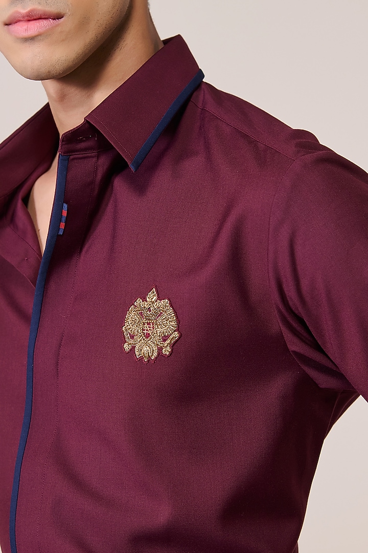 Cherry Brushed Suiting Blend Crest Embroidered Wedding Shirt by S&N by Shantnu Nikhil Men at Pernia's Pop Up Shop