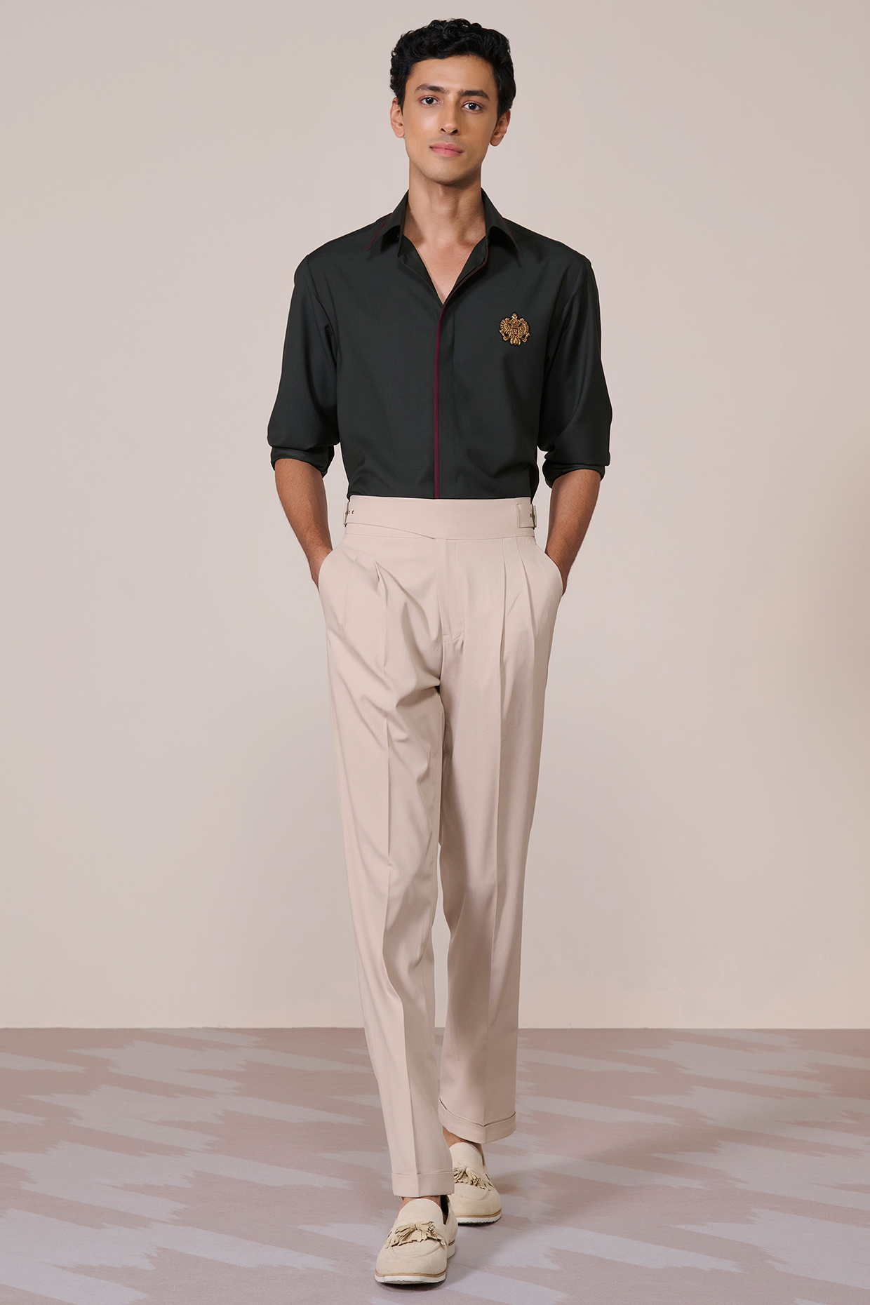 Military Green Brushed Suiting Blend Crest Embroidered Shirt by S&N by Shantnu Nikhil Men