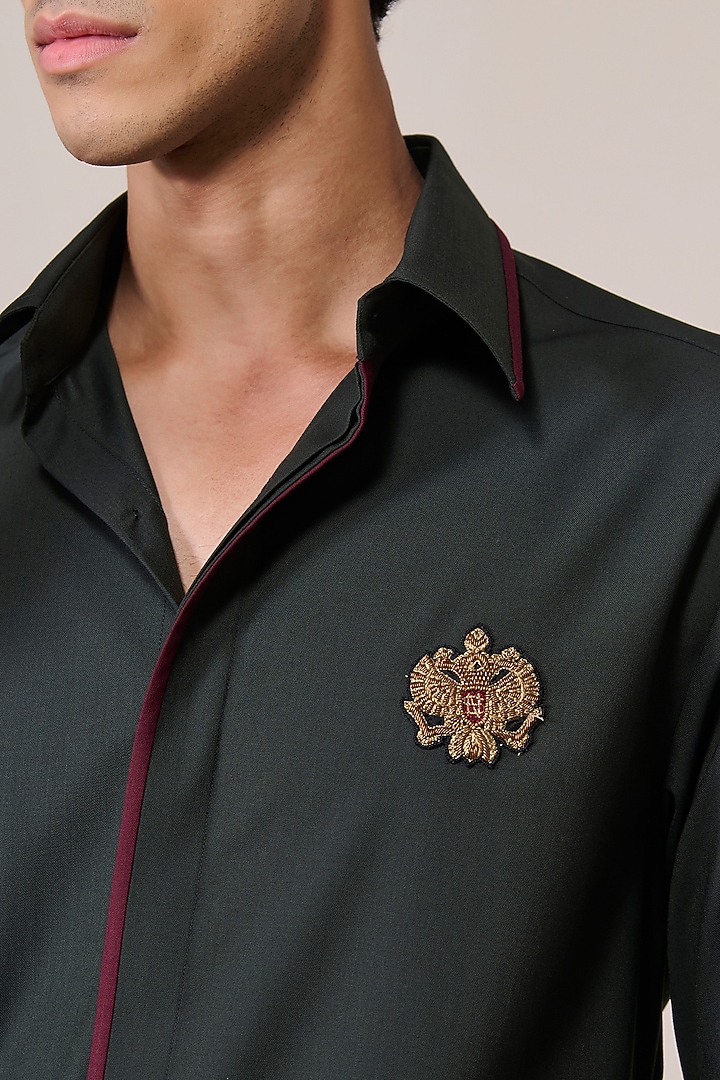 Military Green Brushed Suiting Blend Crest Embroidered Wedding Shirt by S&N by Shantnu Nikhil Men at Pernia's Pop Up Shop