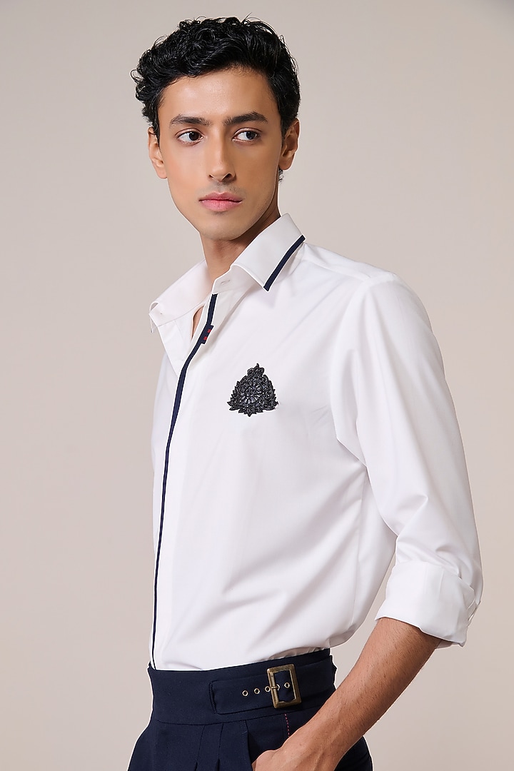 Off-White Brushed Suiting Blend Crest Embroidered Wedding Shirt by S&N by Shantnu Nikhil Men at Pernia's Pop Up Shop