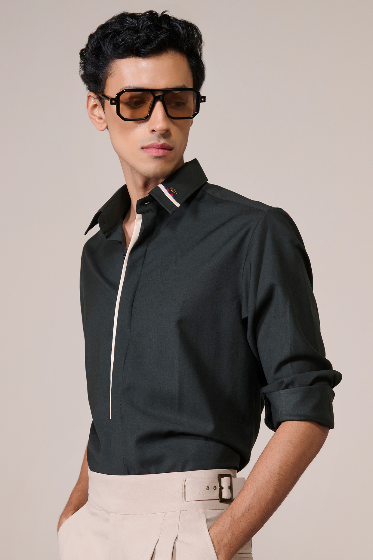 Military Green Rayon Suiting Blend Shirt by S&N by Shantnu Nikhil Men