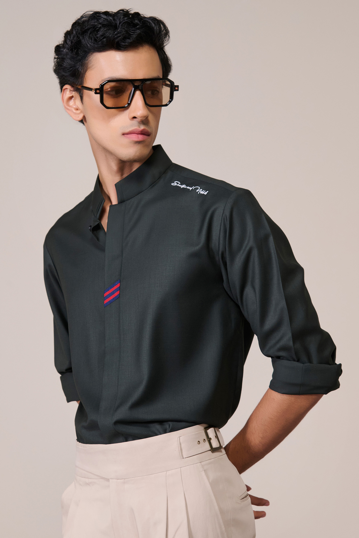 Military Green Rayon Suiting Blend Shirt by S&N by Shantnu Nikhil Men