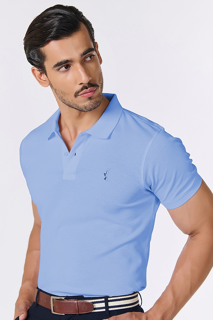 Slate Blue Supima Pique Knit Batsman Logo T-Shirt by S&N by Shantnu Nikhil Men at Pernia's Pop Up Shop
