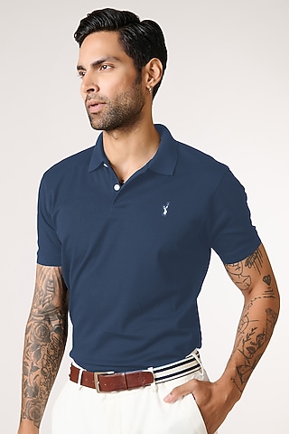 Persian Blue Supima Pique Knit Batsman Logo T-Shirt by S&N by Shantnu Nikhil Men