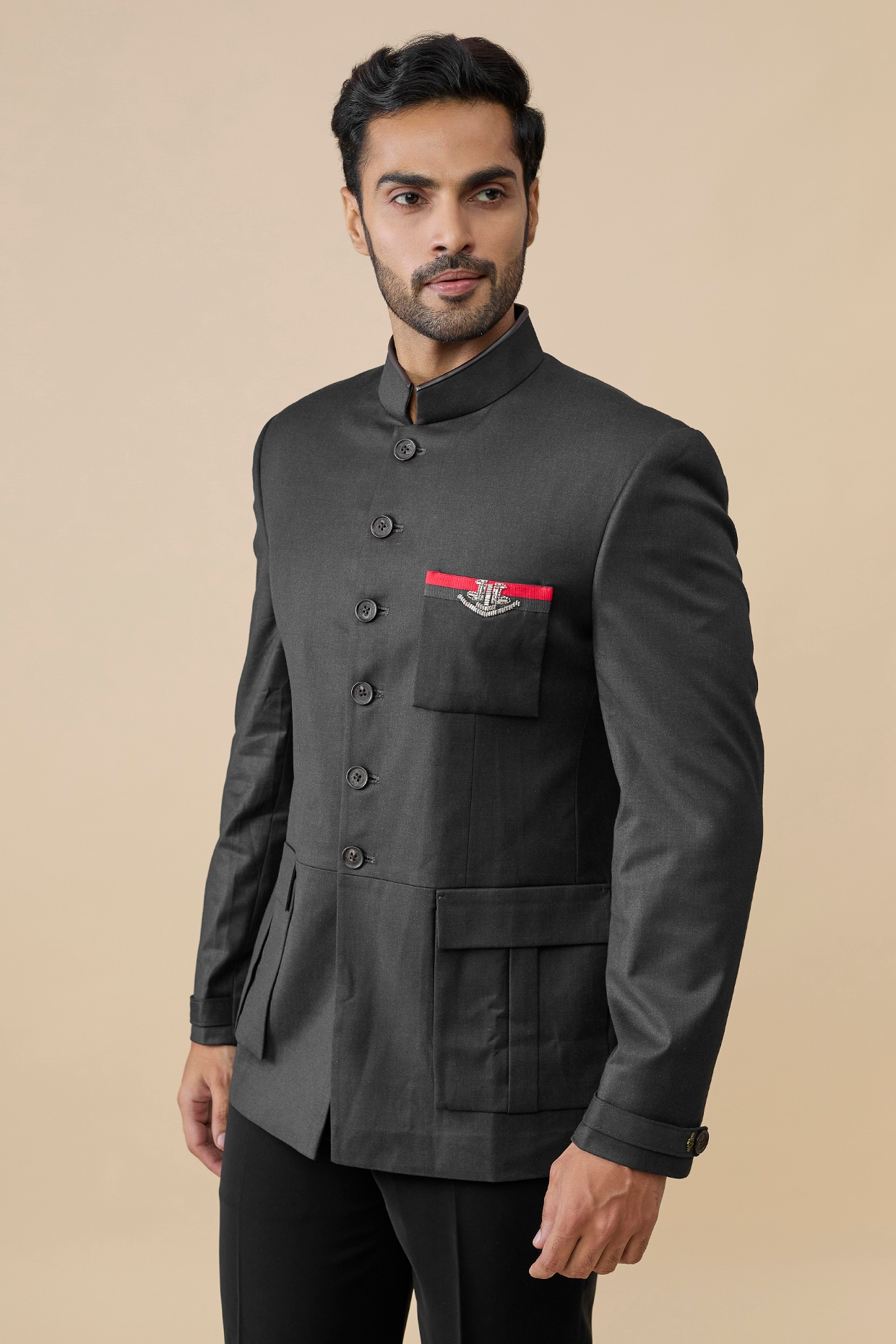 S&N by Shantnu Nikhil Grey Suiting Bandhgala