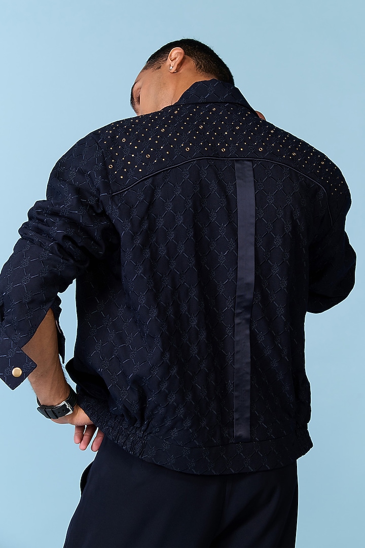Navy Poly Blend Viscose Lycra Embroidered Jacket by S&N by Shantnu Nikhil Men at Pernia's Pop Up Shop