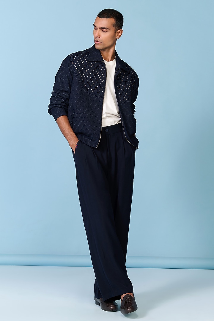 Navy Poly Blend Viscose Lycra Embroidered Jacket by S&N by Shantnu Nikhil Men at Pernia's Pop Up Shop
