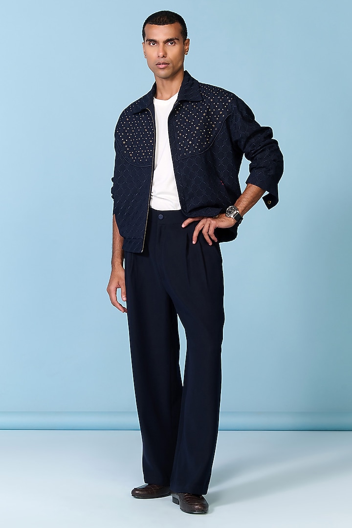 Navy Poly Blend Viscose Lycra Embroidered Jacket by S&N by Shantnu Nikhil Men at Pernia's Pop Up Shop