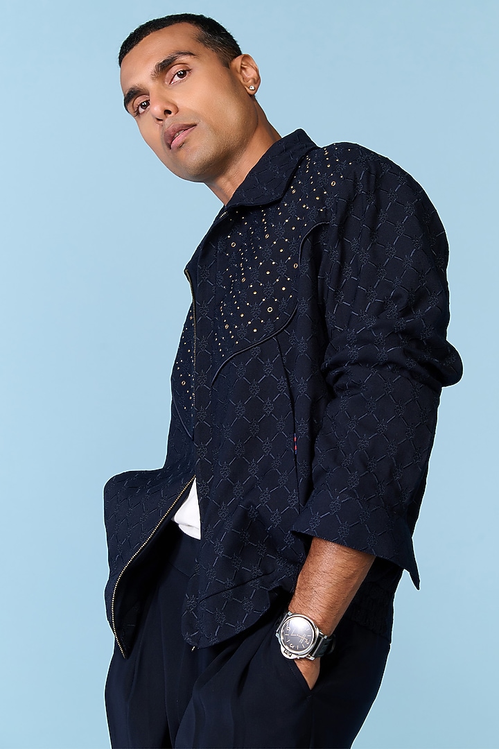 Navy Poly Blend Viscose Lycra Embroidered Jacket by S&N by Shantnu Nikhil Men at Pernia's Pop Up Shop