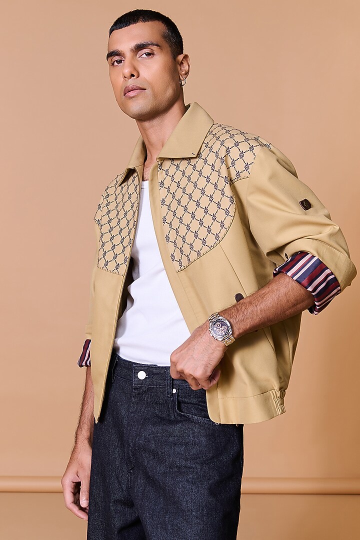 Beige Silk Twill Poly Viscose Blend Printed Jacket by S&N by Shantnu Nikhil Men at Pernia's Pop Up Shop