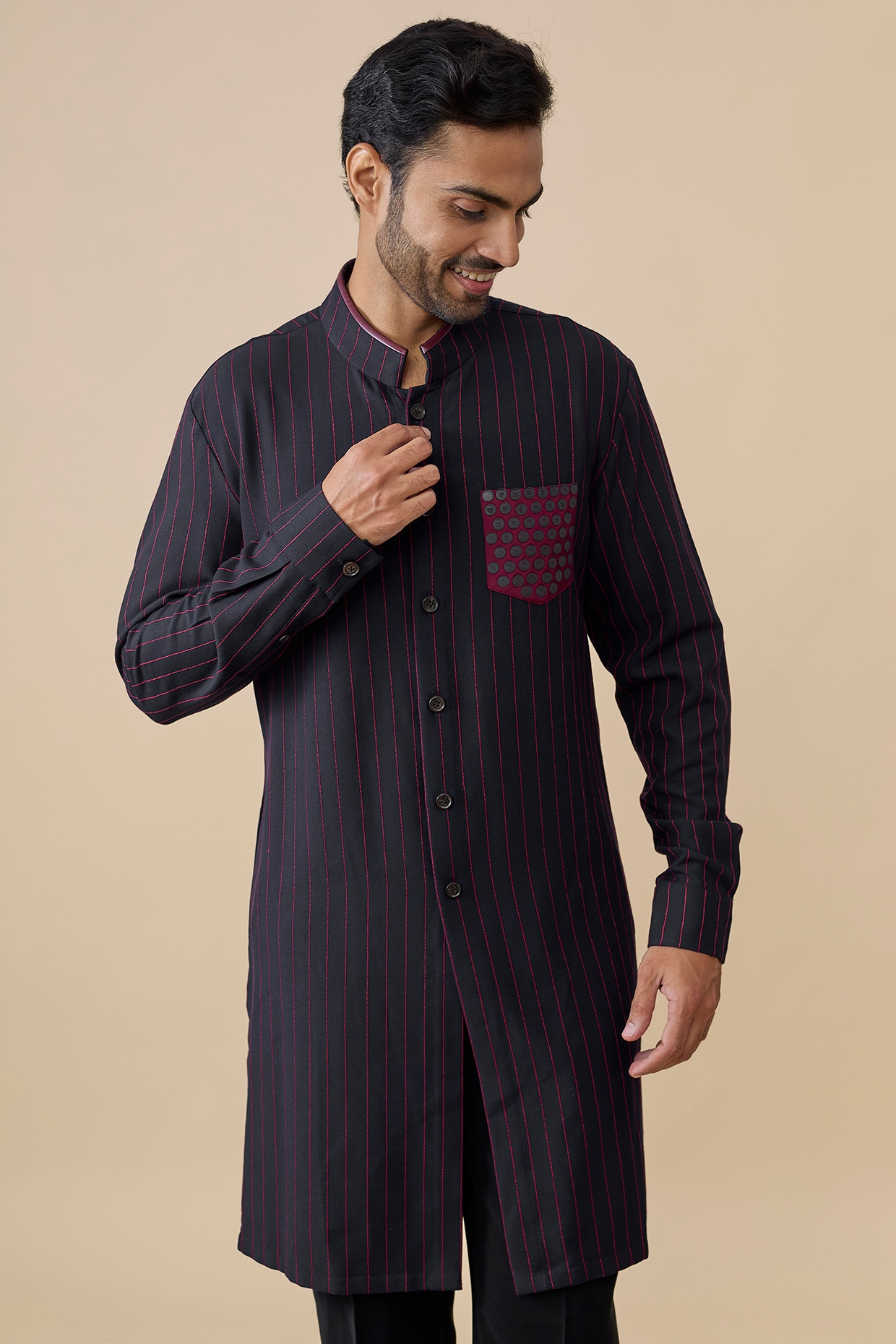 S&N by Shantnu Nikhil Navy Blue Tencel Rayon Kurta