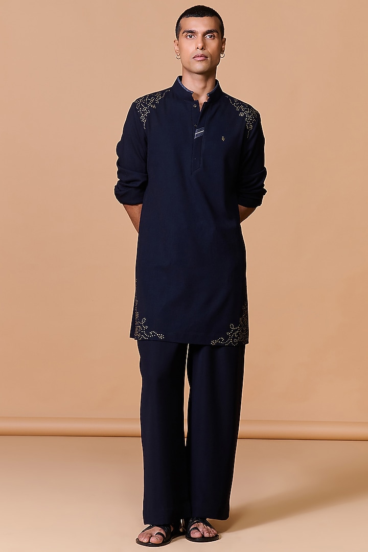 Navy Terylene Viscose Lycra Kurta by S&N by Shantnu Nikhil Men at Pernia's Pop Up Shop