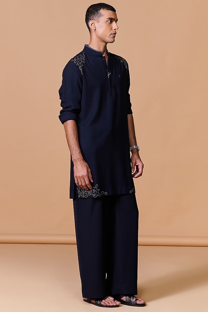 Navy Terylene Viscose Lycra Kurta by S&N by Shantnu Nikhil Men at Pernia's Pop Up Shop