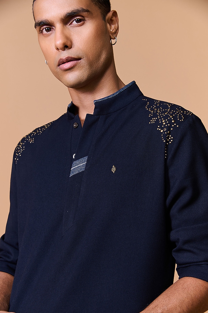 Navy Terylene Viscose Lycra Kurta by S&N by Shantnu Nikhil Men at Pernia's Pop Up Shop