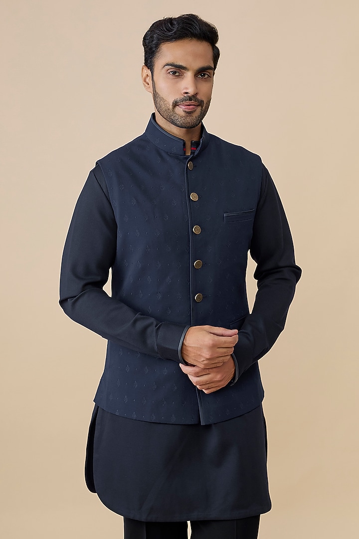 Navy Blue Suiting Blend Bundi Jacket by S&N by Shantnu Nikhil Men at Pernia's Pop Up Shop
