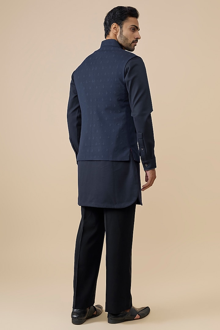 Navy Blue Suiting Blend Bundi Jacket by S&N by Shantnu Nikhil Men at Pernia's Pop Up Shop