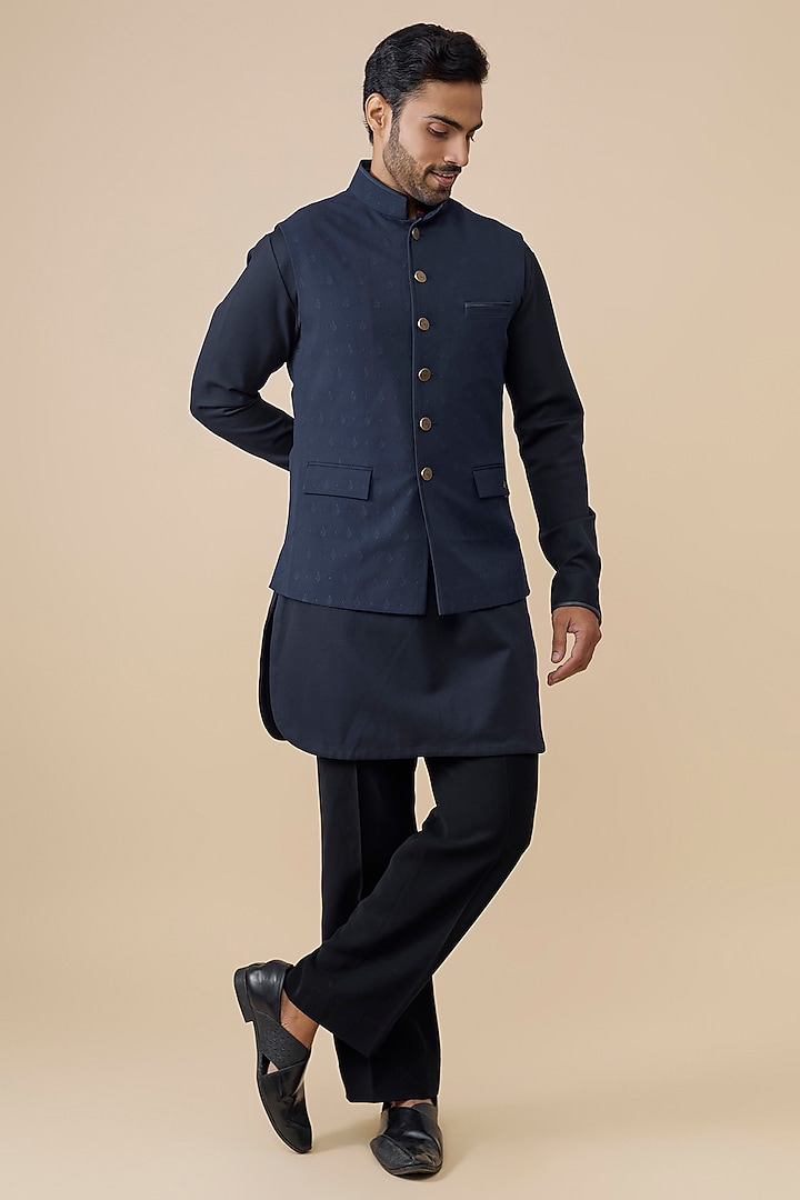 Navy Blue Suiting Blend Bundi Jacket by S&N by Shantnu Nikhil Men at Pernia's Pop Up Shop