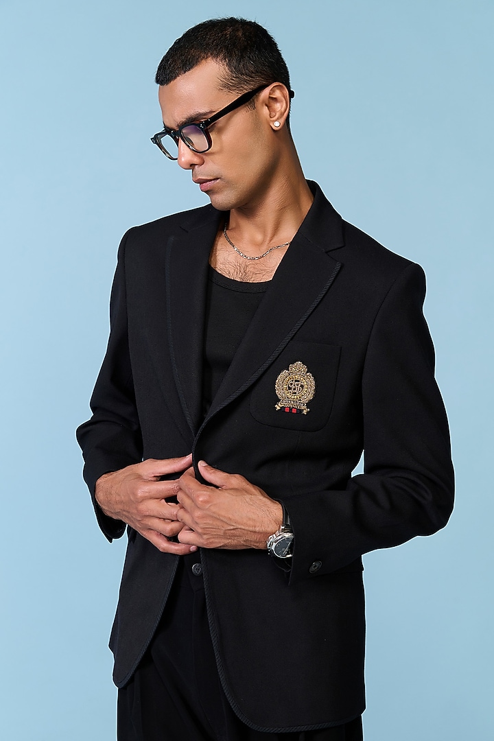 Black Poly Blend Viscose Lycra Jacket by S&N by Shantnu Nikhil Men at Pernia's Pop Up Shop