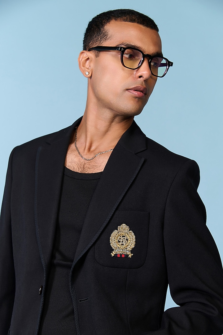 Black Poly Blend Viscose Lycra Jacket by S&N by Shantnu Nikhil Men at Pernia's Pop Up Shop