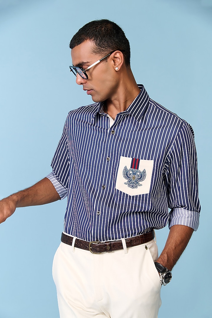 Navy Cotton Blend Striped Wedding Shirt by S&N by Shantnu Nikhil Men at Pernia's Pop Up Shop