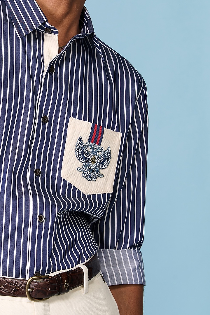 Navy Cotton Blend Striped Wedding Shirt by S&N by Shantnu Nikhil Men at Pernia's Pop Up Shop