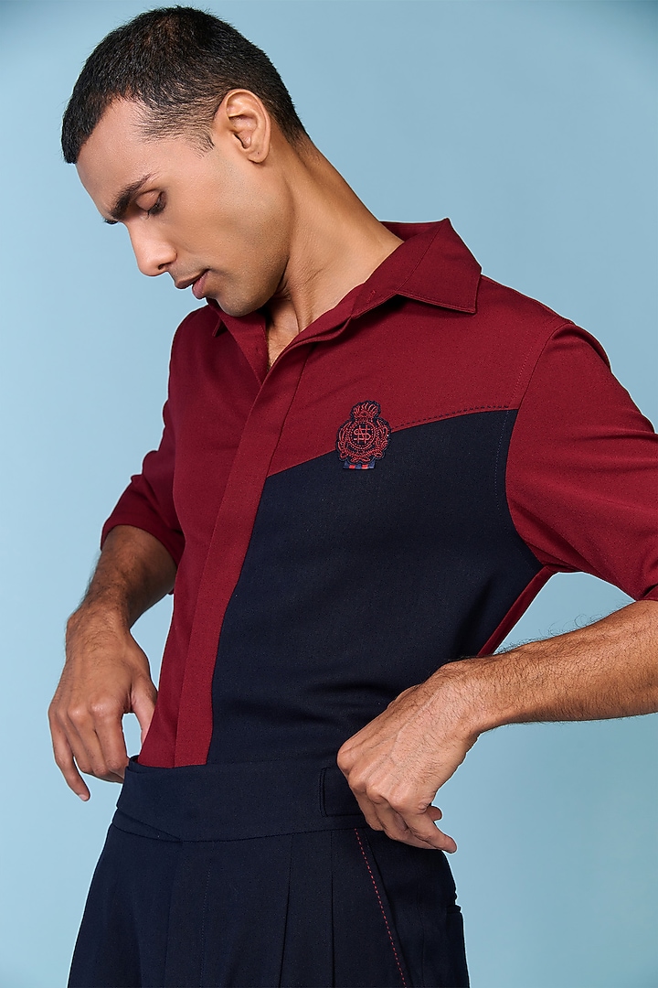 Burgundy & Midnight Brushed Suiting Blend Color-Block Party Wear Shirt by S&N by Shantnu Nikhil Men at Pernia's Pop Up Shop
