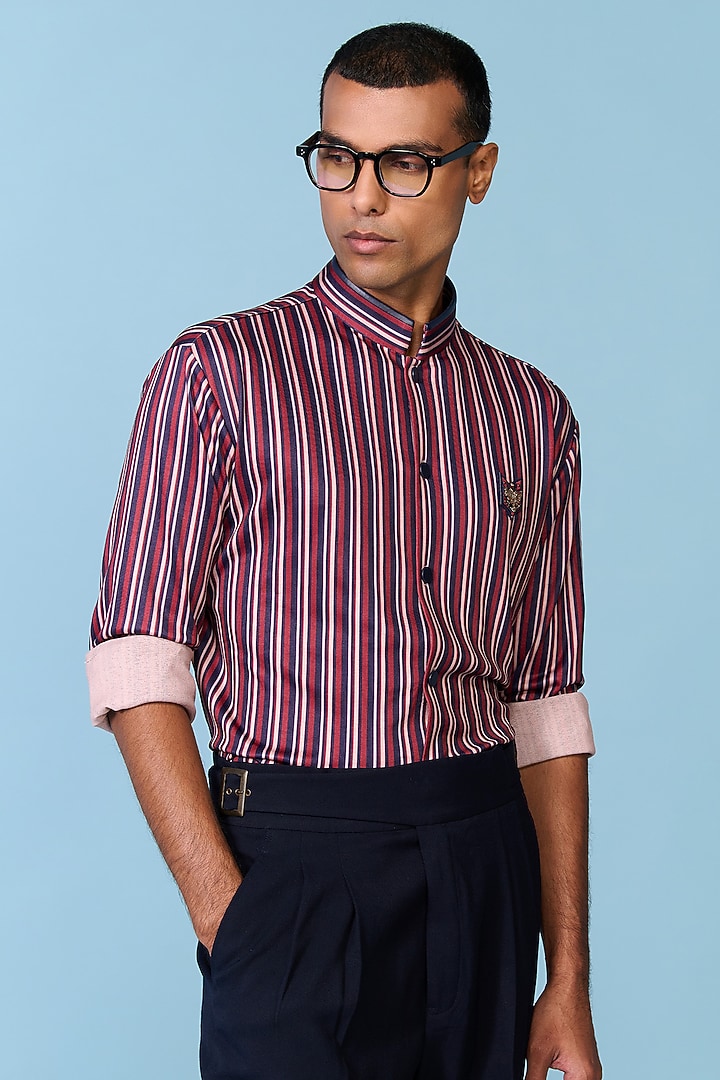Cherry-Colored Crepe Jersey Stripe Printed Wedding Shirt by S&N by Shantnu Nikhil Men at Pernia's Pop Up Shop