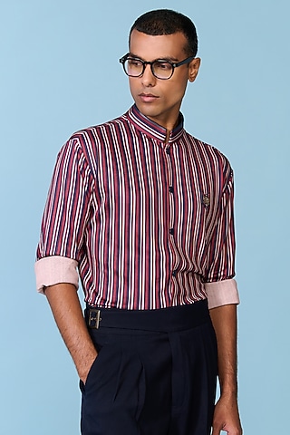 Cherry-Colored Crepe Jersey Stripe Printed Shirt by S&N by Shantnu Nikhil Men