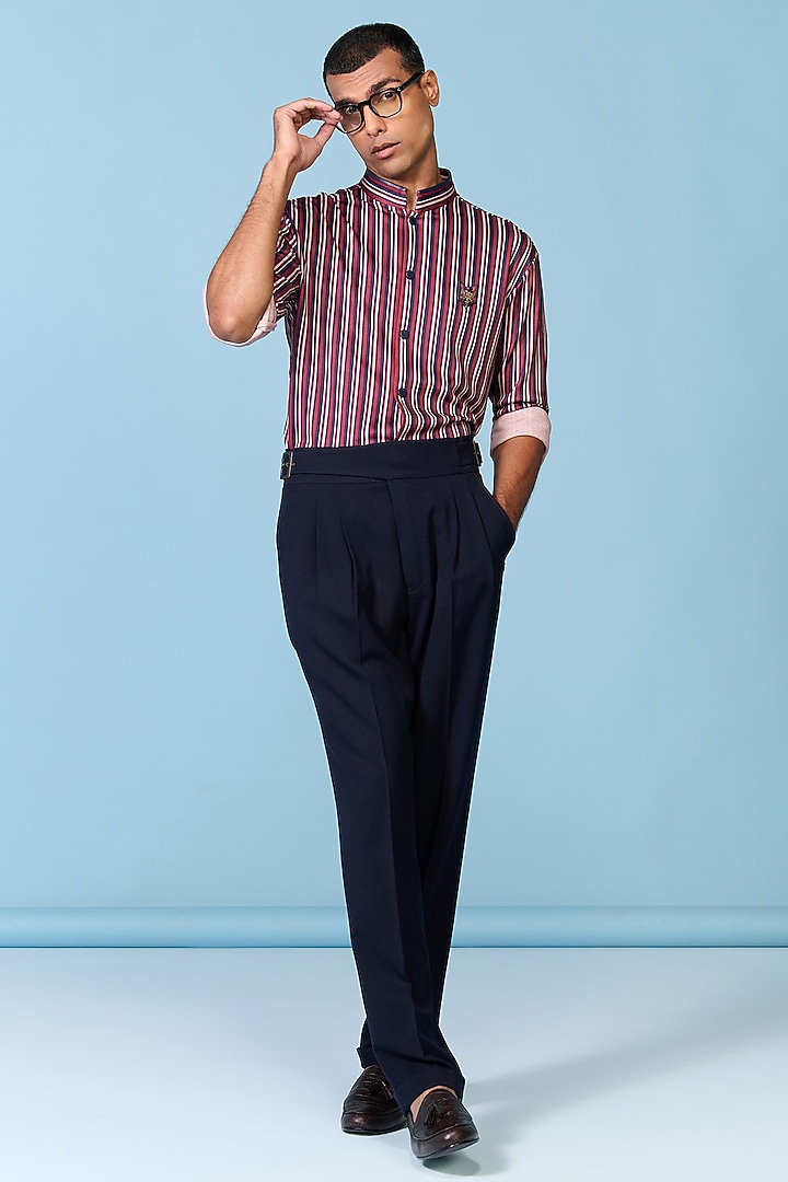 Cherry-Colored Crepe Jersey Stripe Printed Wedding Shirt by S&N by Shantnu Nikhil Men at Pernia's Pop Up Shop