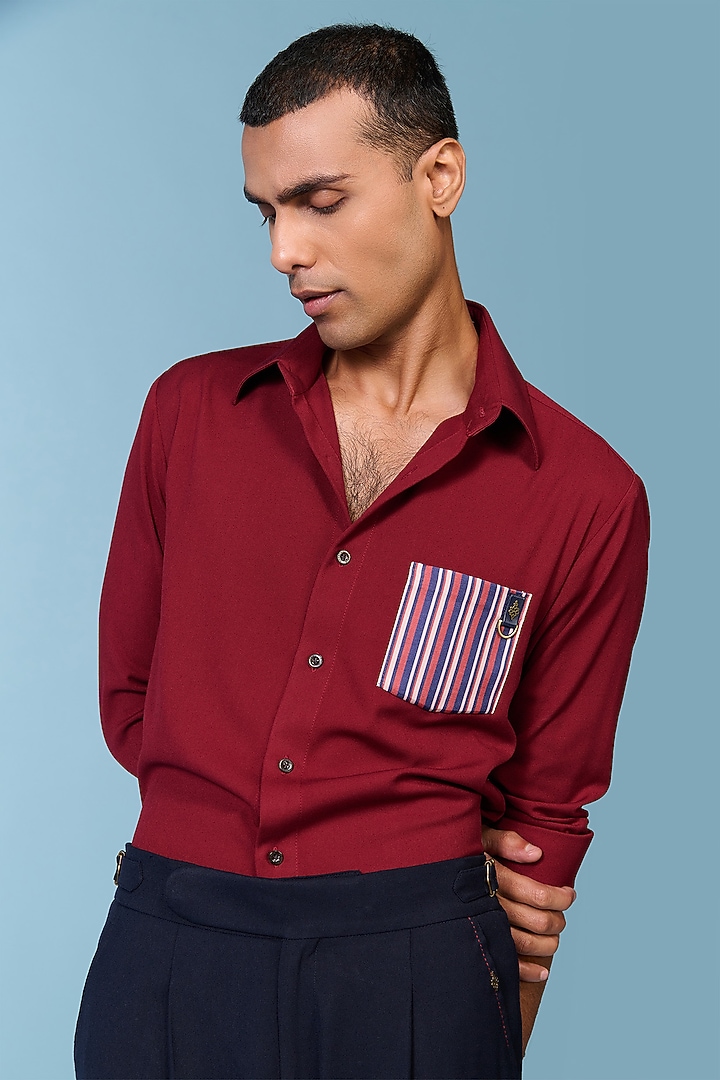 Cherry-Colored Brushed Suiting Blend Stripe Printed Wedding Shirt by S&N by Shantnu Nikhil Men at Pernia's Pop Up Shop