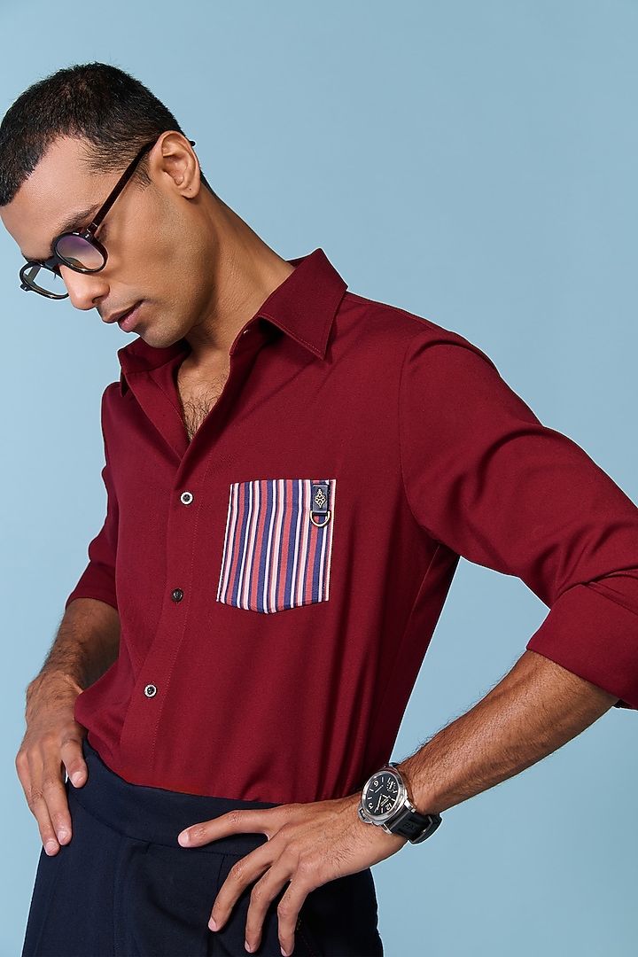 Cherry-Colored Brushed Suiting Blend Stripe Printed Wedding Shirt by S&N by Shantnu Nikhil Men at Pernia's Pop Up Shop